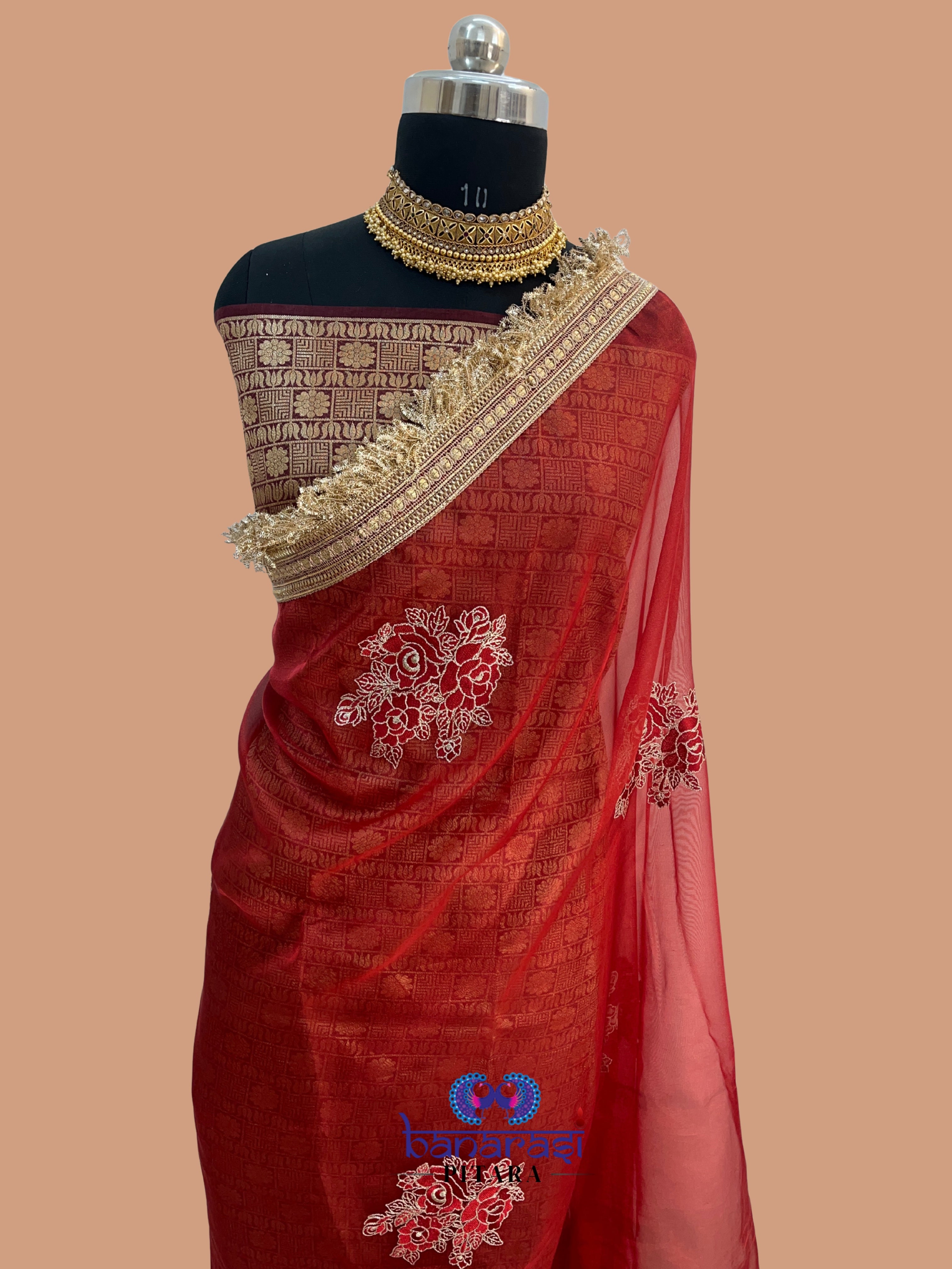 Red Color Pure Tissue Silk with Lace Work Banarasi Saree