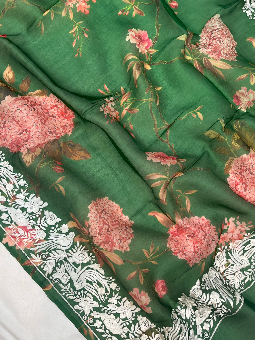 Pure Kora Embroidery with Digital Print Banarasi Saree