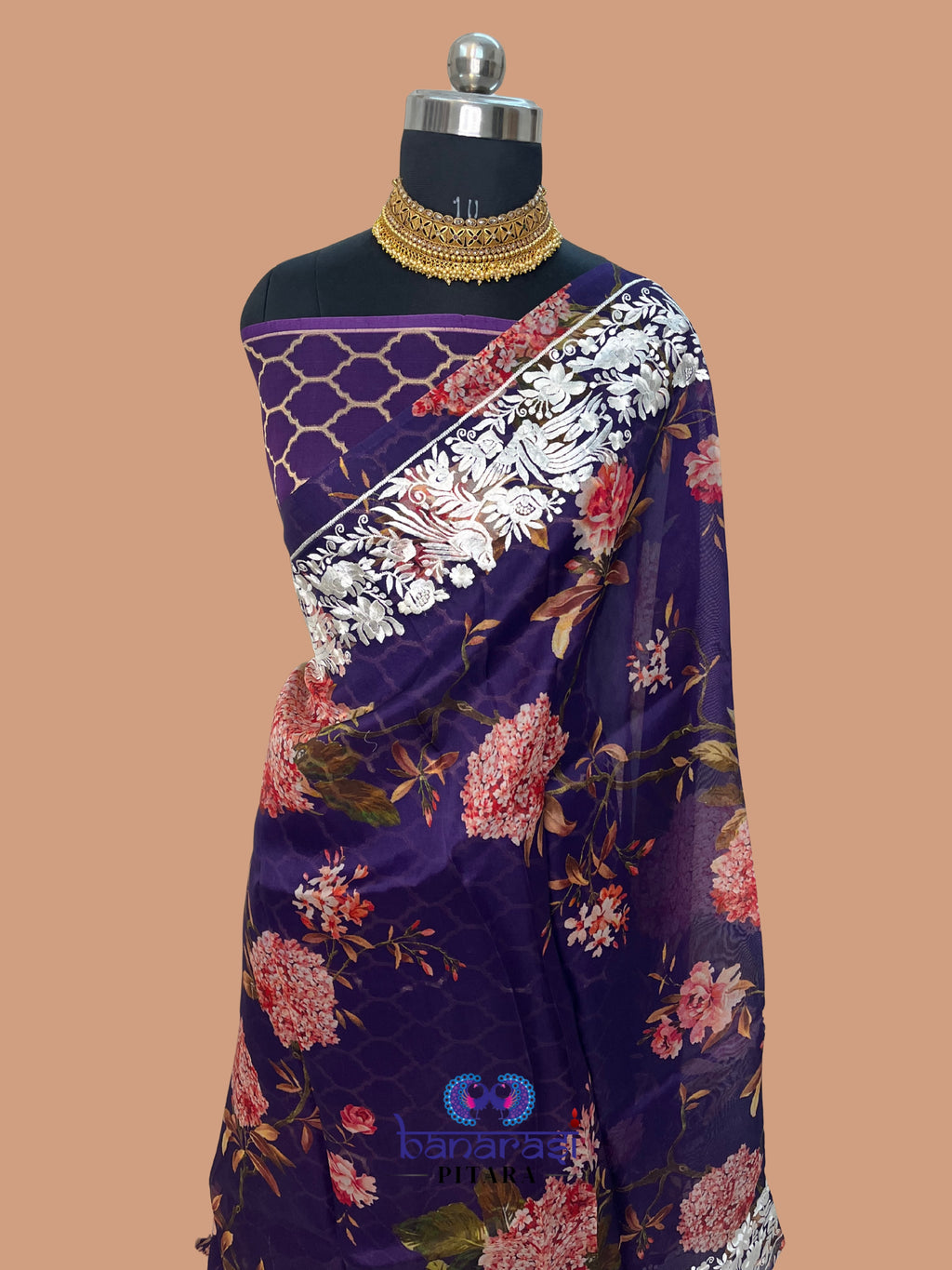 Pure Kora Embroidery with Digital Print Banarasi Saree