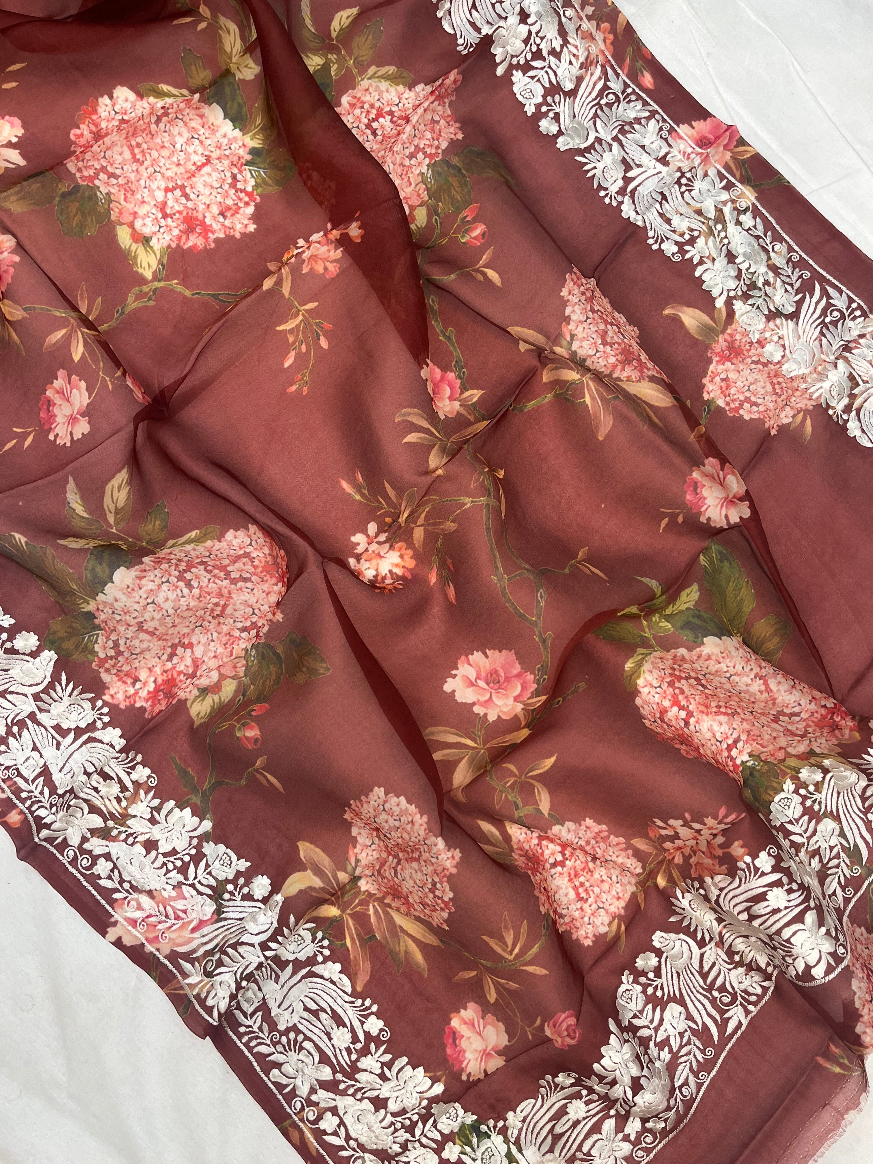 Pure Kora Embroidery with Digital Print Banarasi Saree