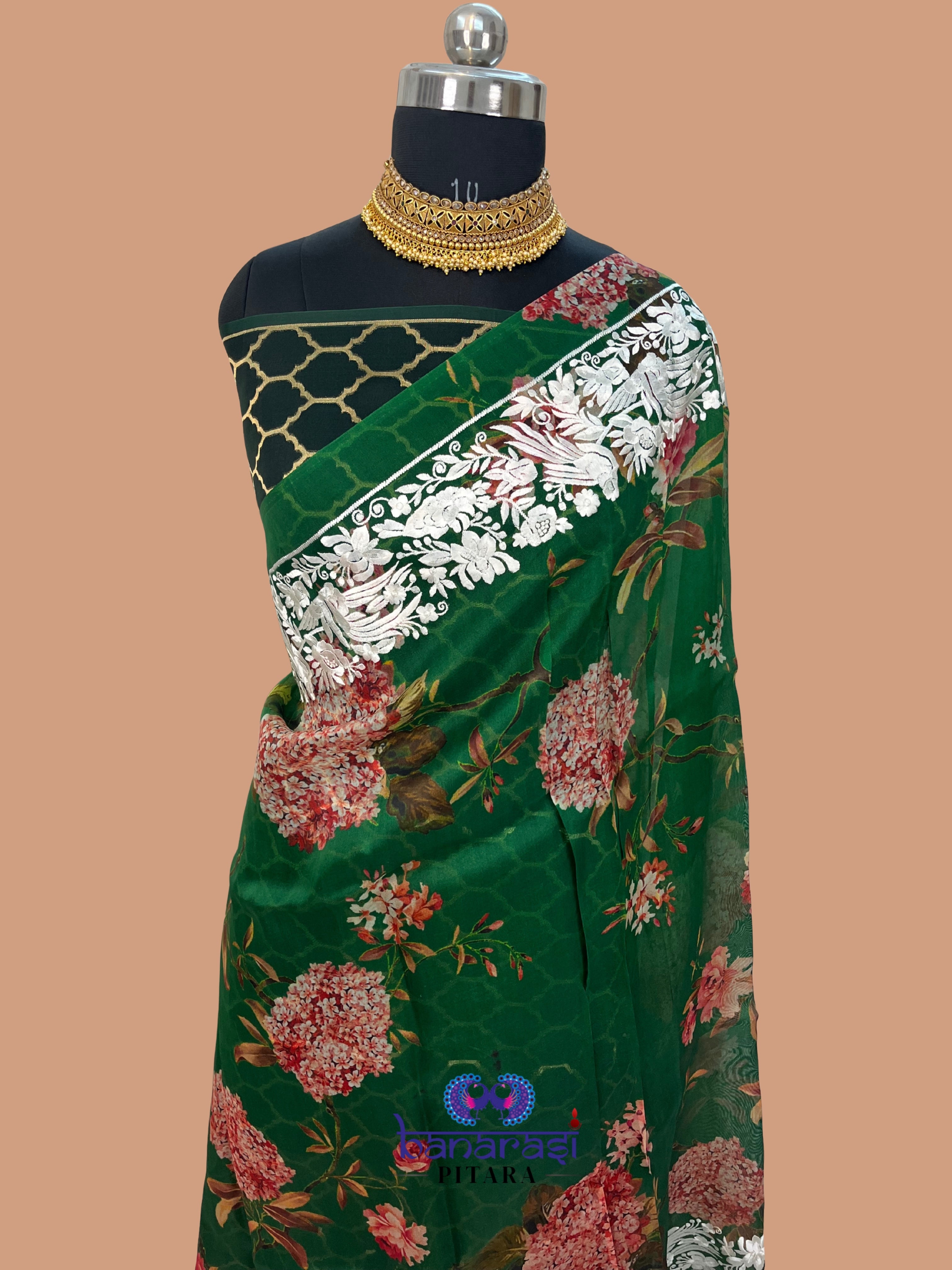 Pure Kora Embroidery with Digital Print Banarasi Saree