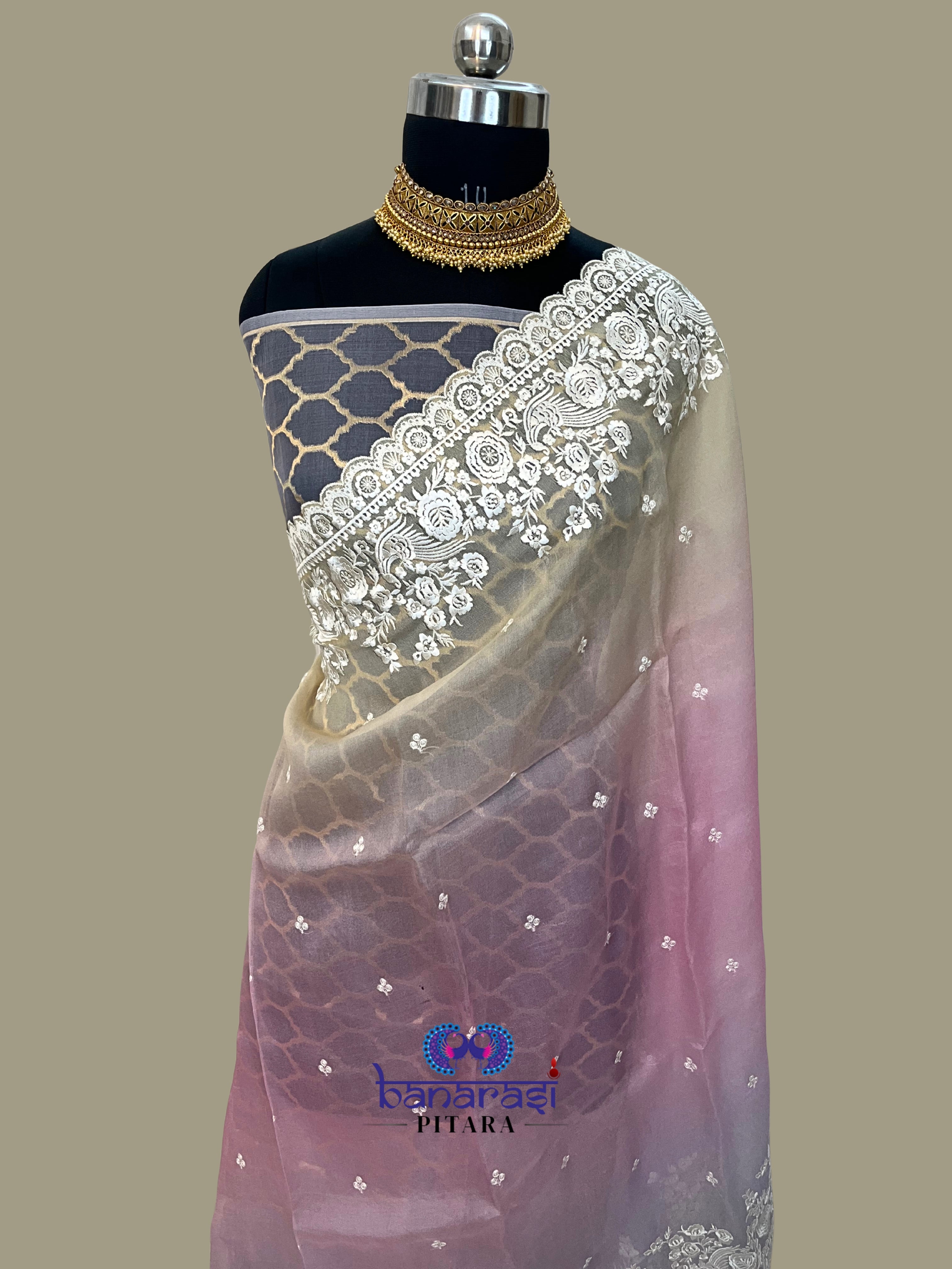 Pure Organza Embroidery with Rainbow Dye Banarasi Saree