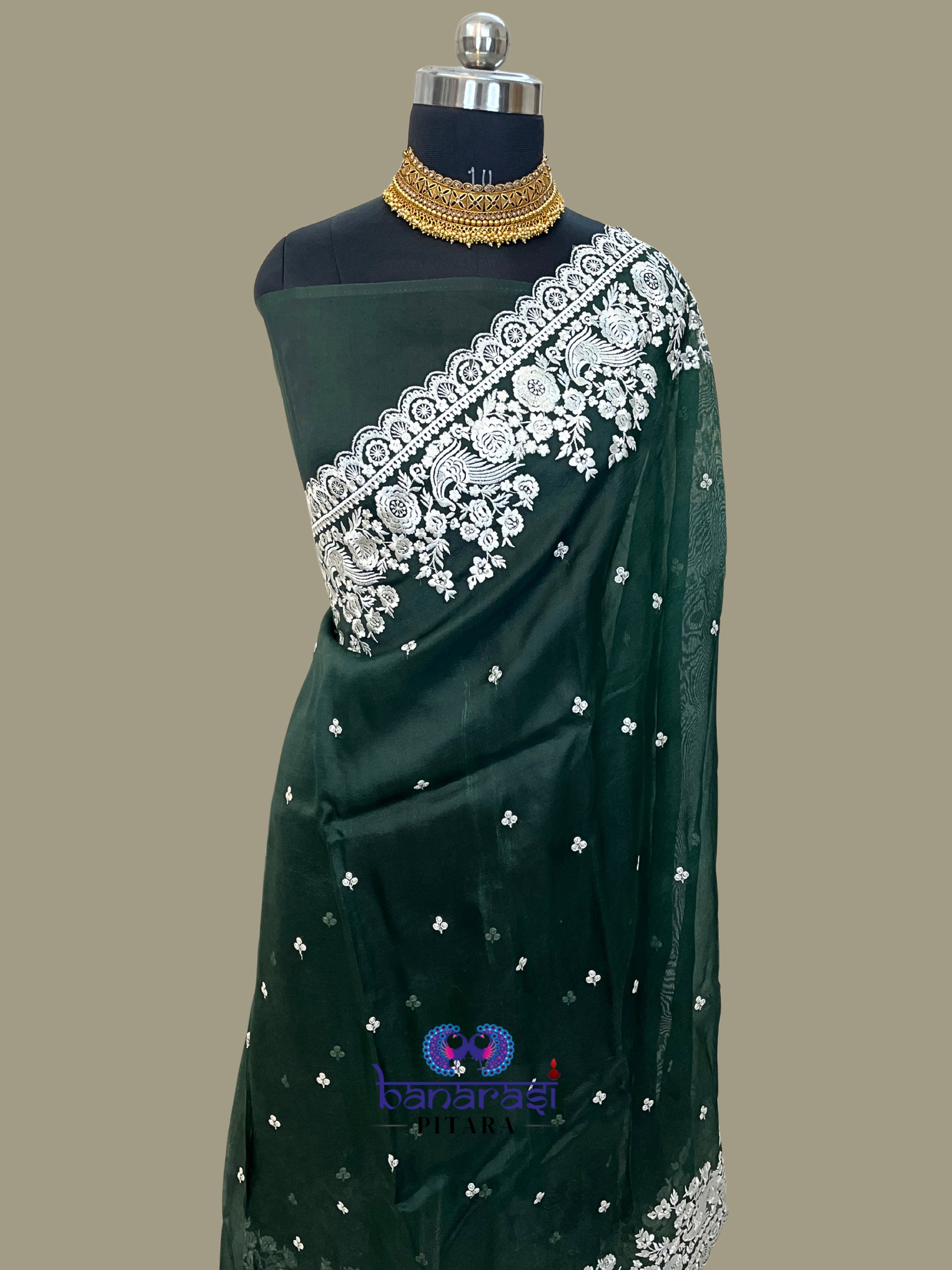 Pure Kora Embroidery Banarasi Saree