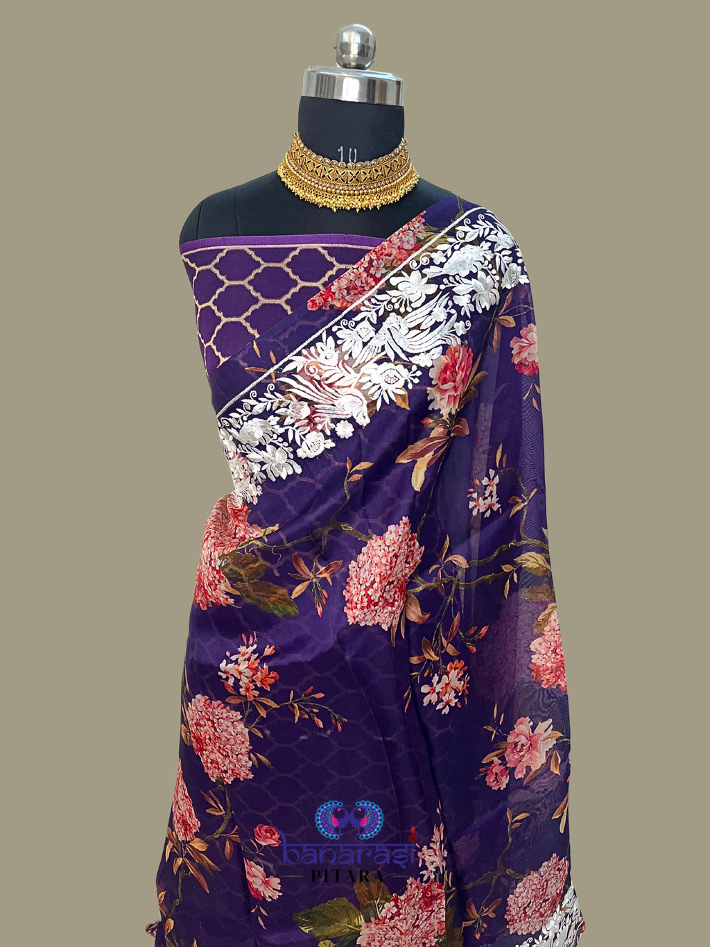 Pure Kora Embroidery with Digital Print Banarasi Saree