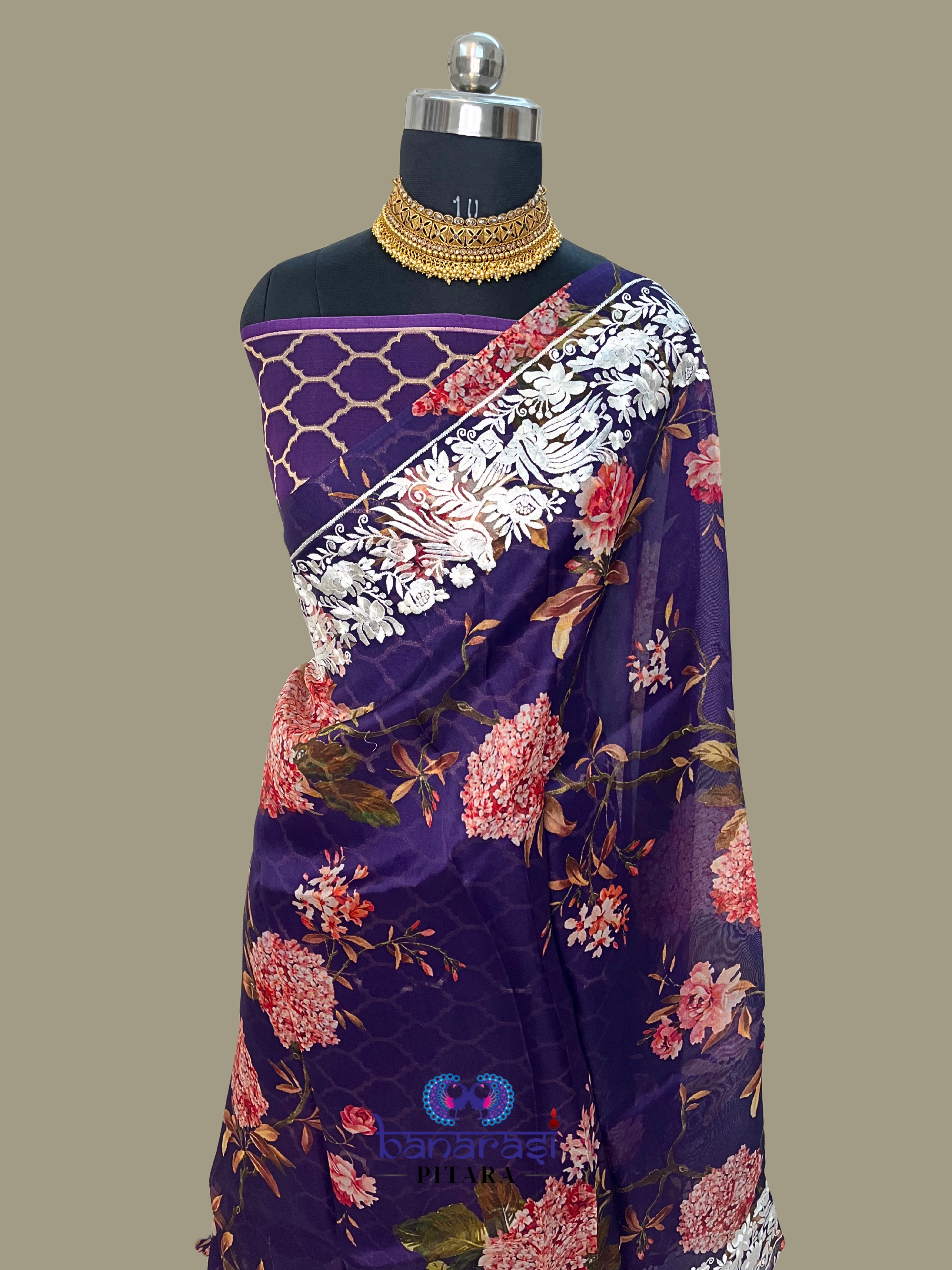 Pure Kora Embroidery with Digital Print Banarasi Saree