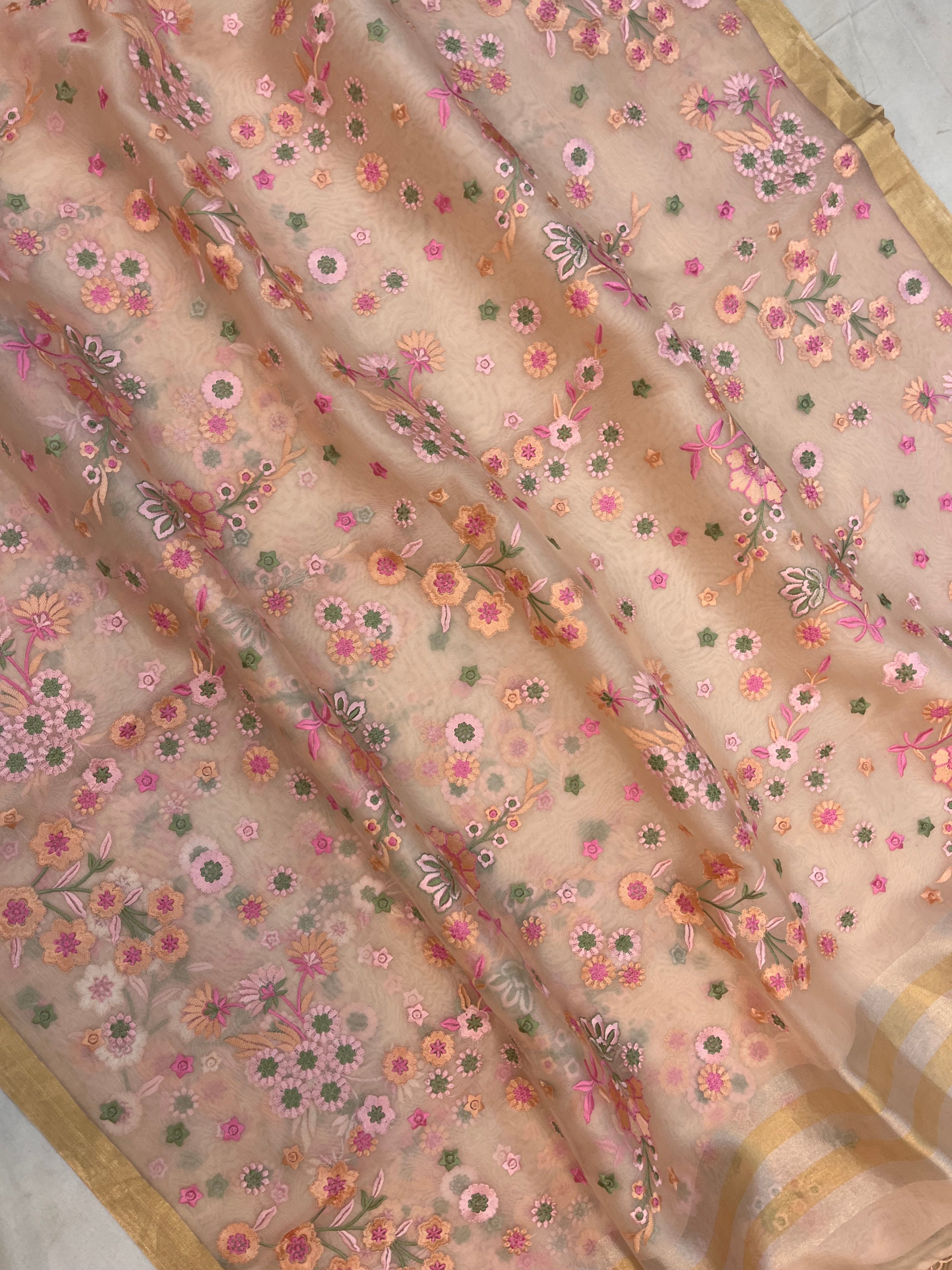 Pure Organza Chikankari Handloom Banarasi Saree