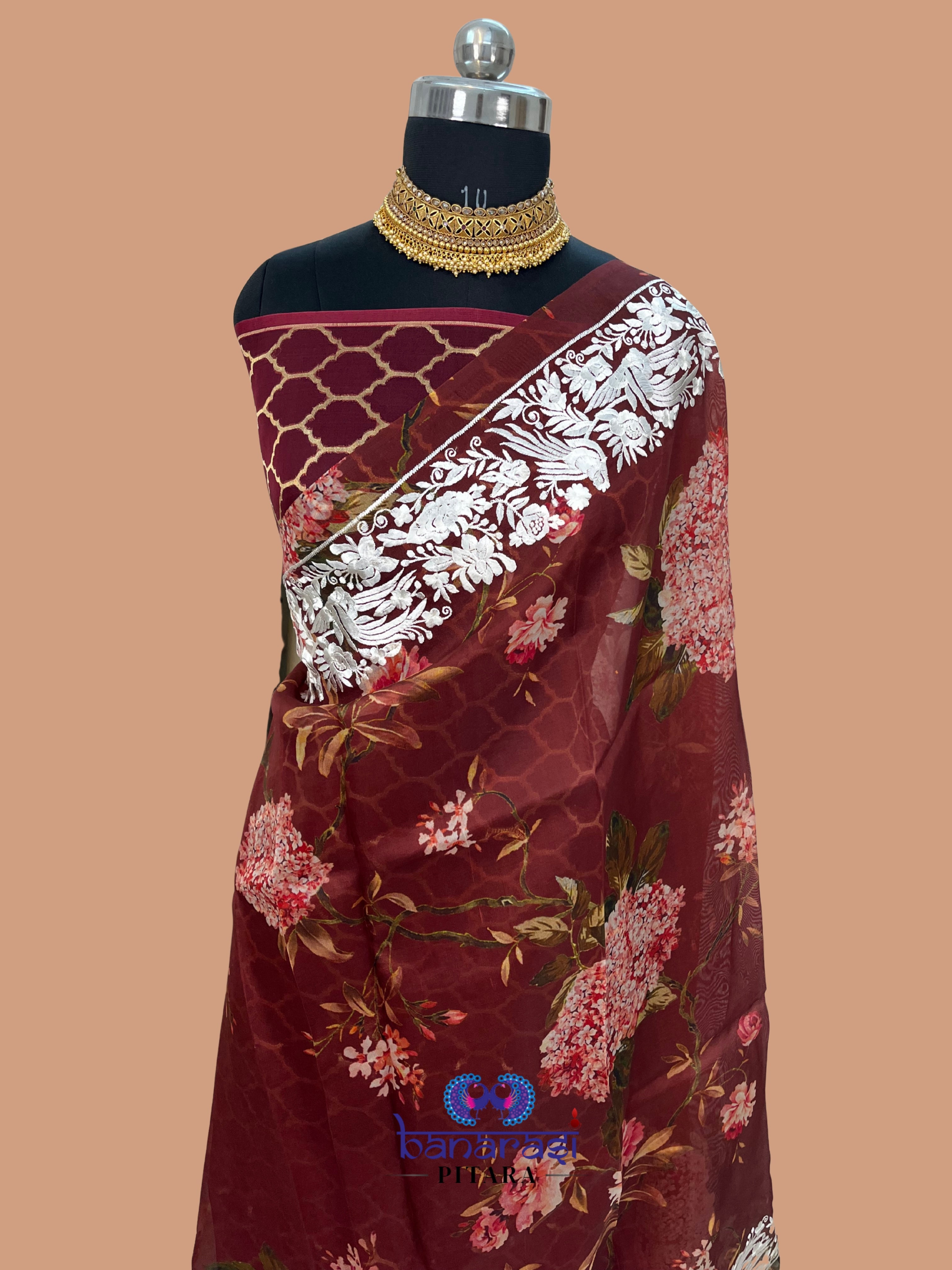 Pure Kora Embroidery with Digital Print Banarasi Saree