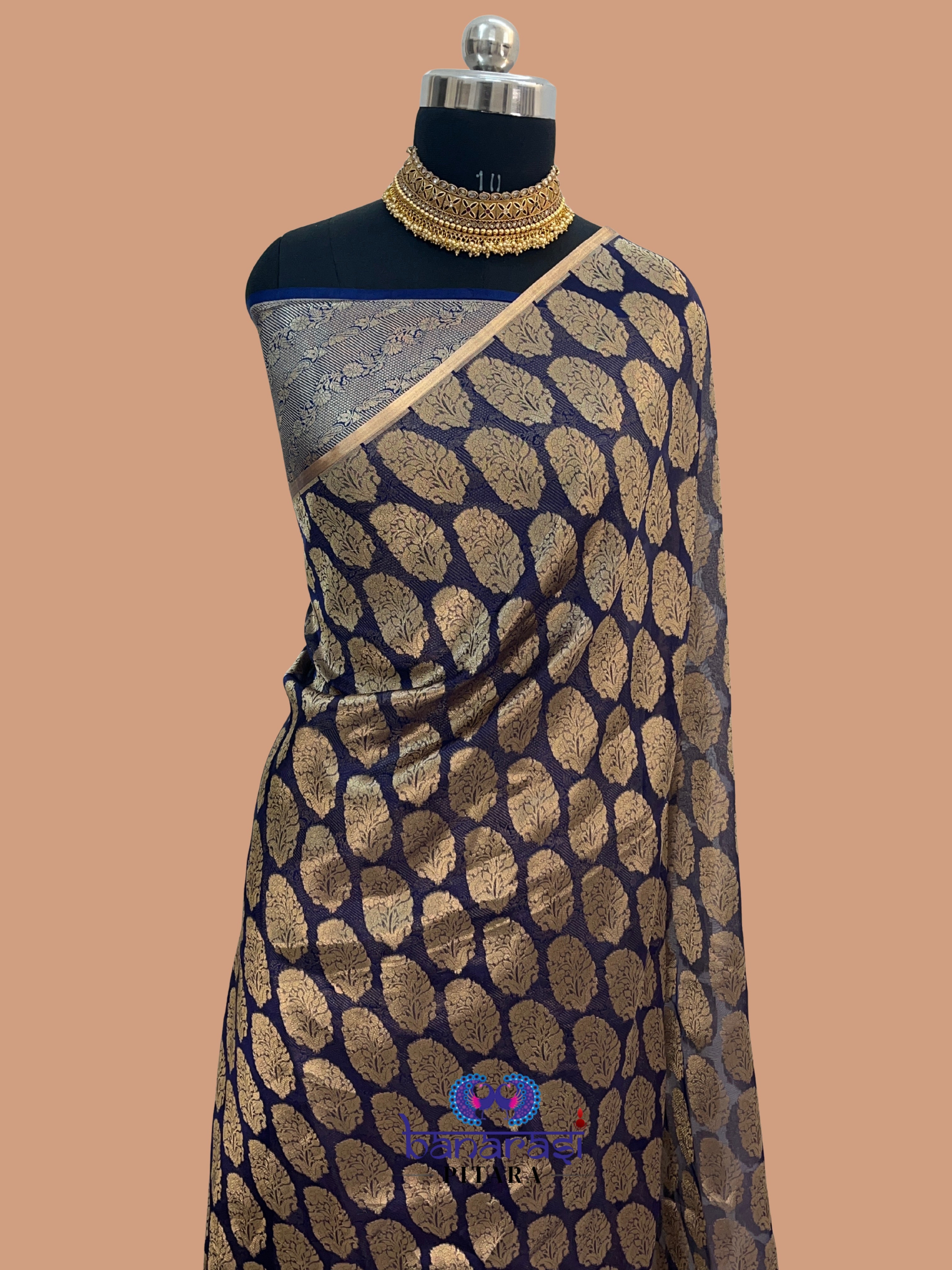 Navy Blue Pure Tissue Silk Handloom Banarasi Saree