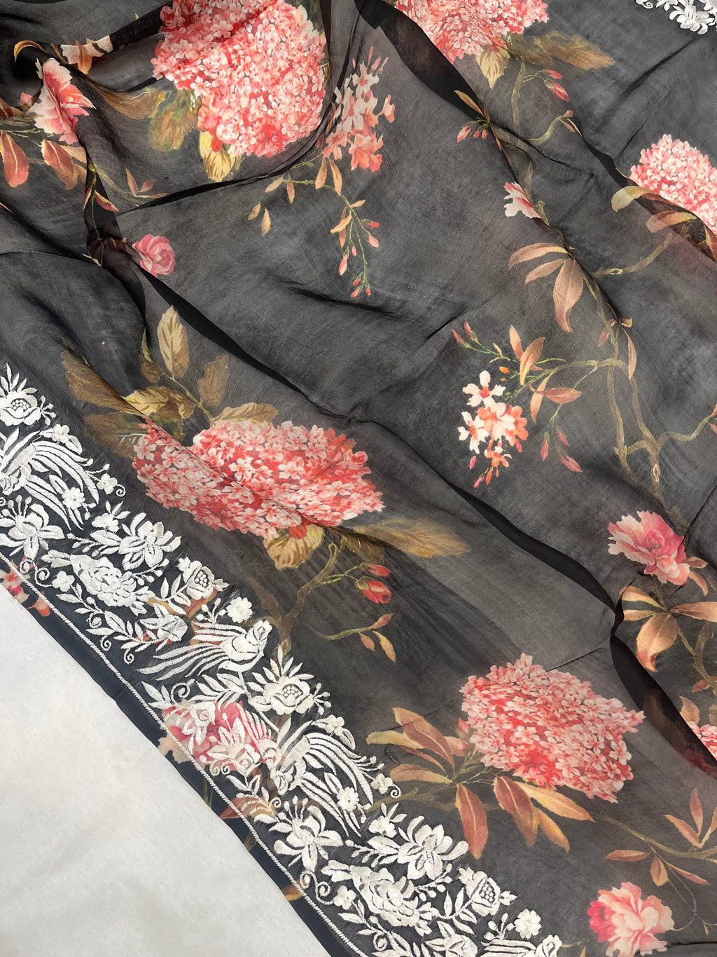 Pure Kora Embroidery with Digital Print Banarasi Saree