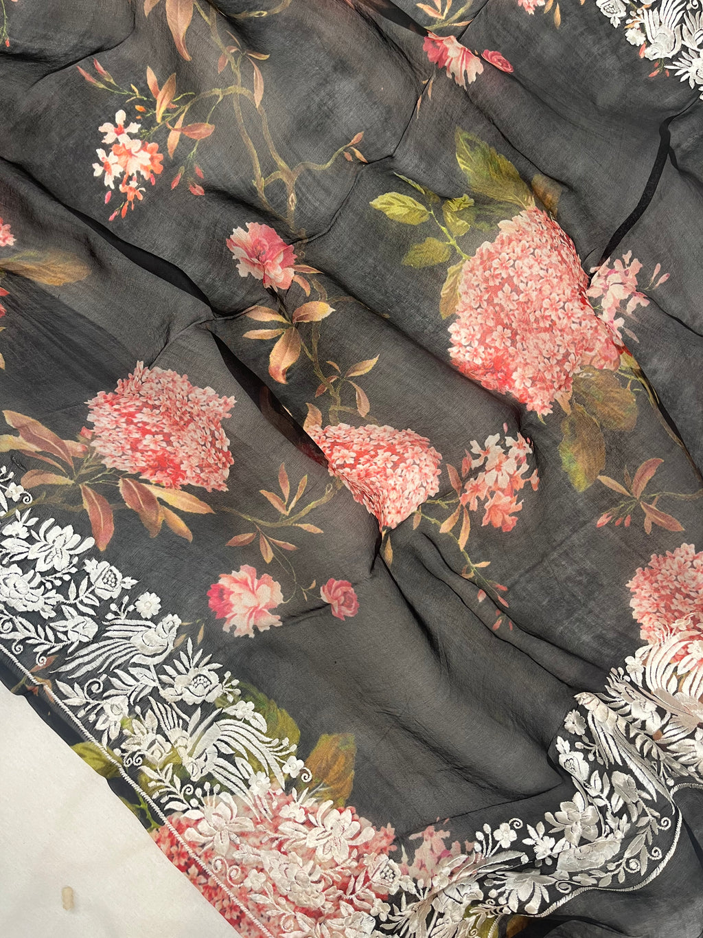 Pure Kora Embroidery with Digital Print Banarasi Saree