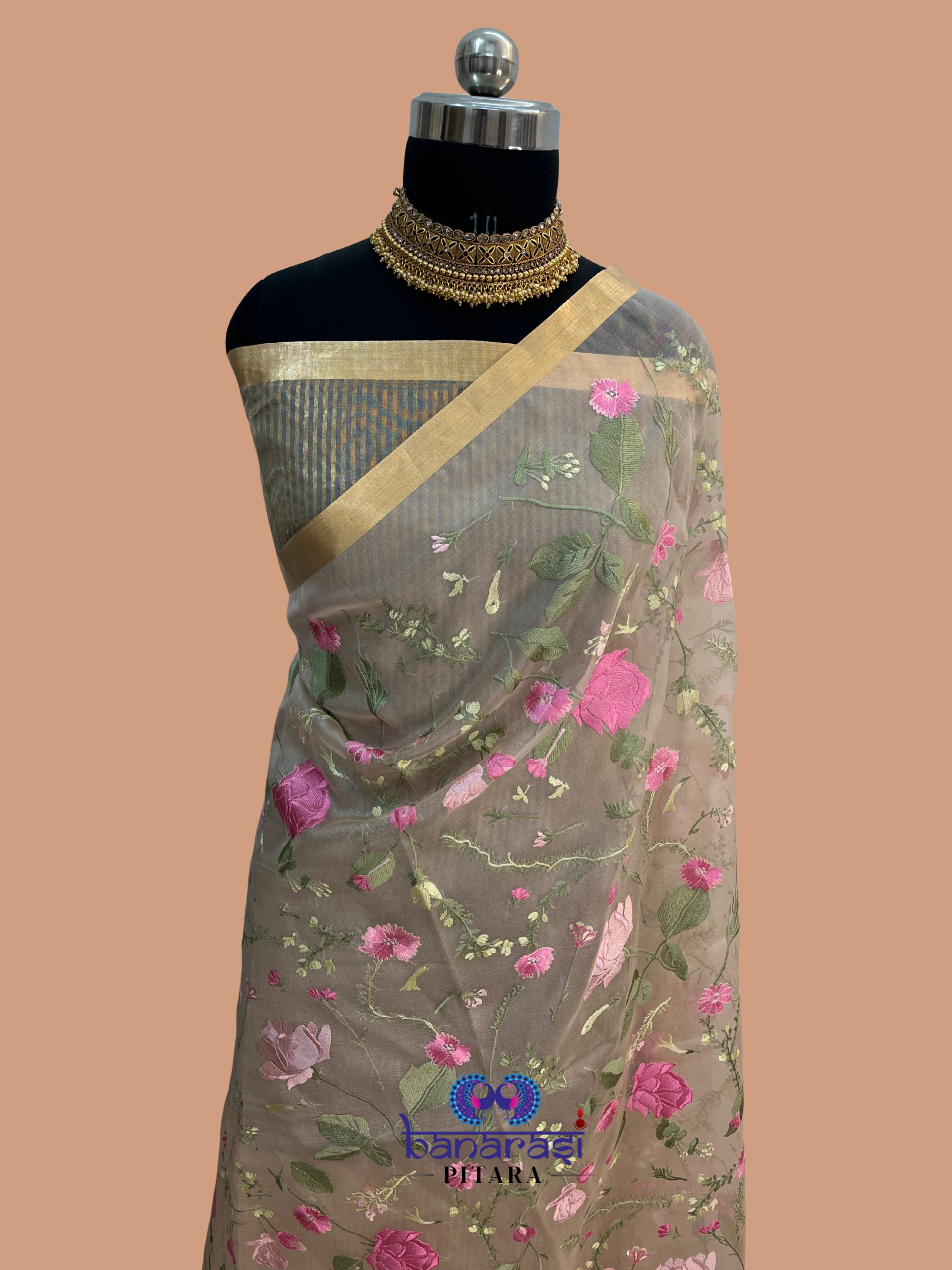 Pure Organza Chikankari Handloom Banarasi Saree