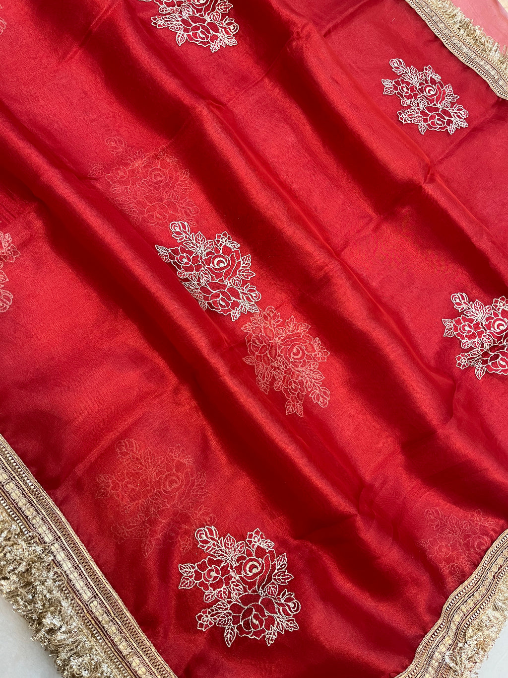 Red Color Pure Tissue Silk with Lace Work Banarasi Saree