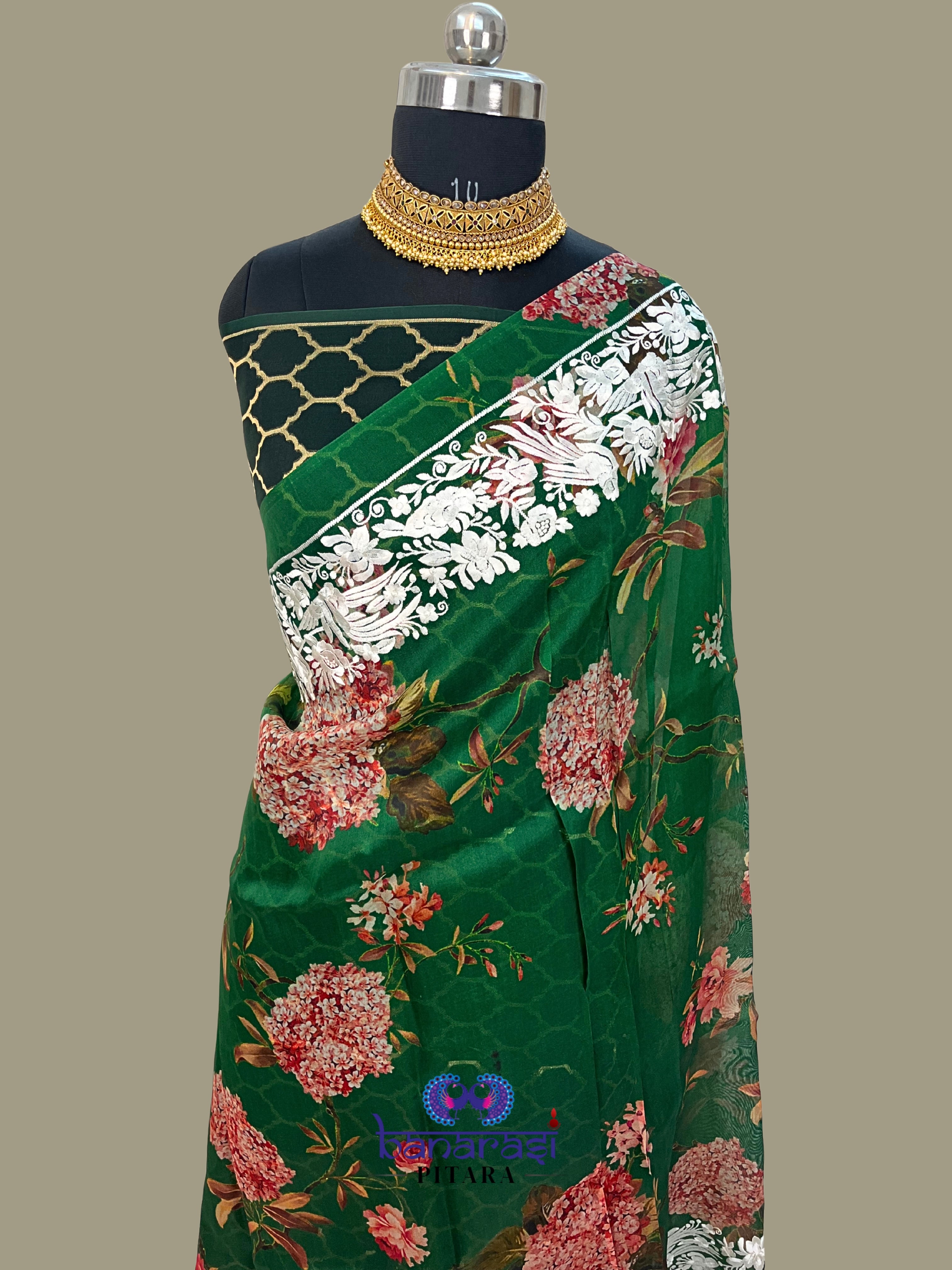 Pure Kora Embroidery with Digital Print Banarasi Saree