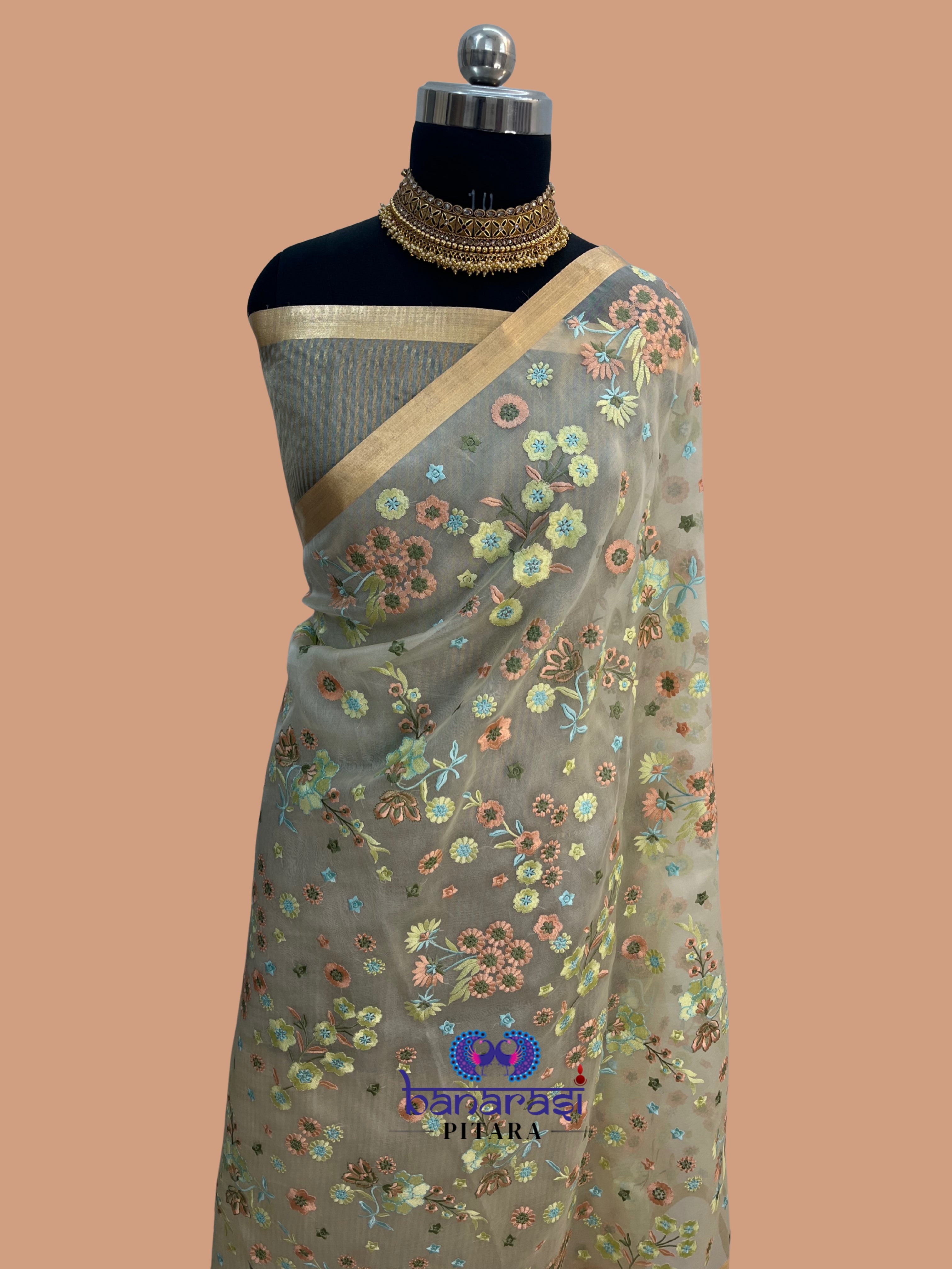 Pure Organza Chikankari Handloom Banarasi Saree