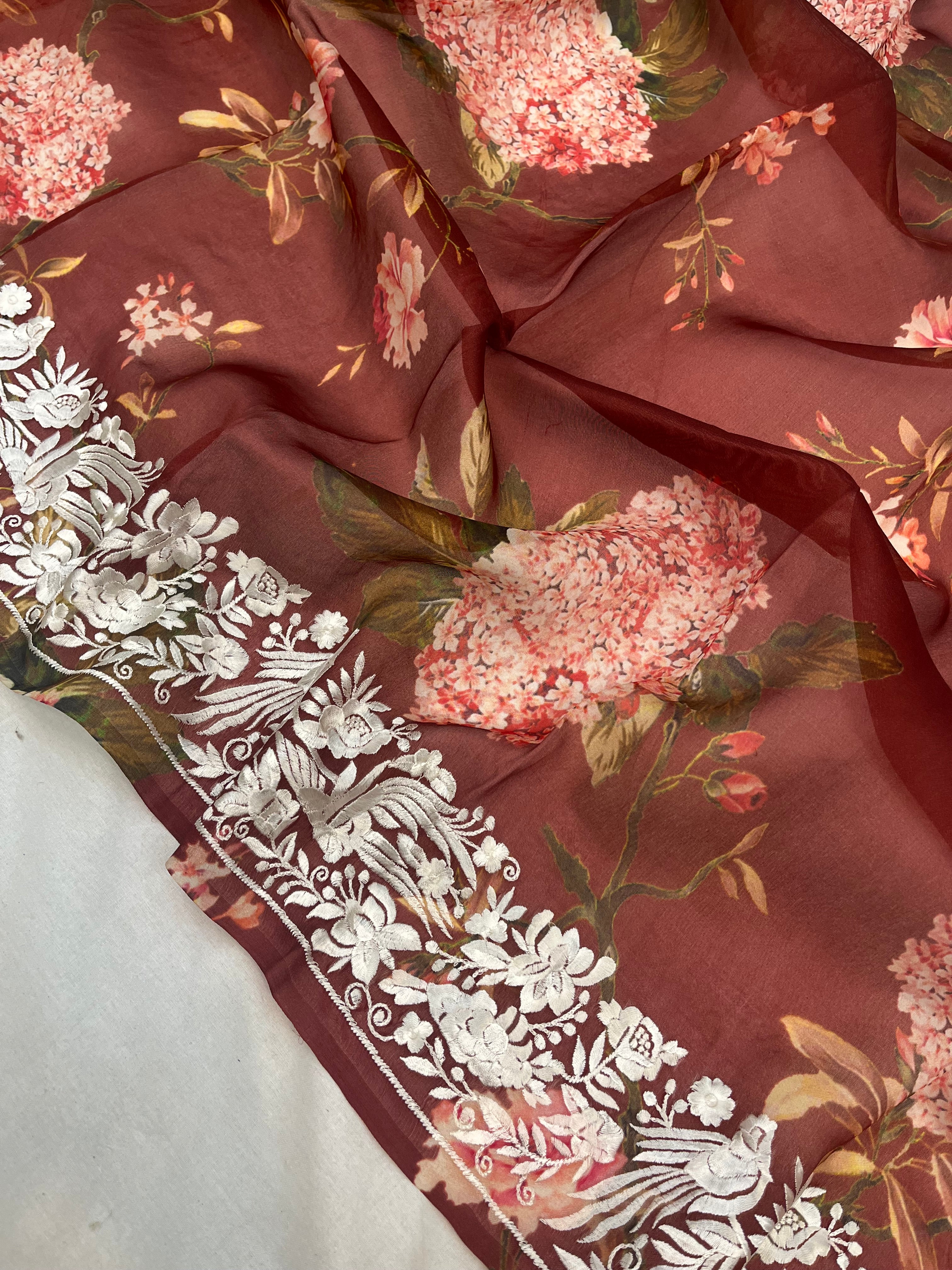 Pure Kora Embroidery with Digital Print Banarasi Saree