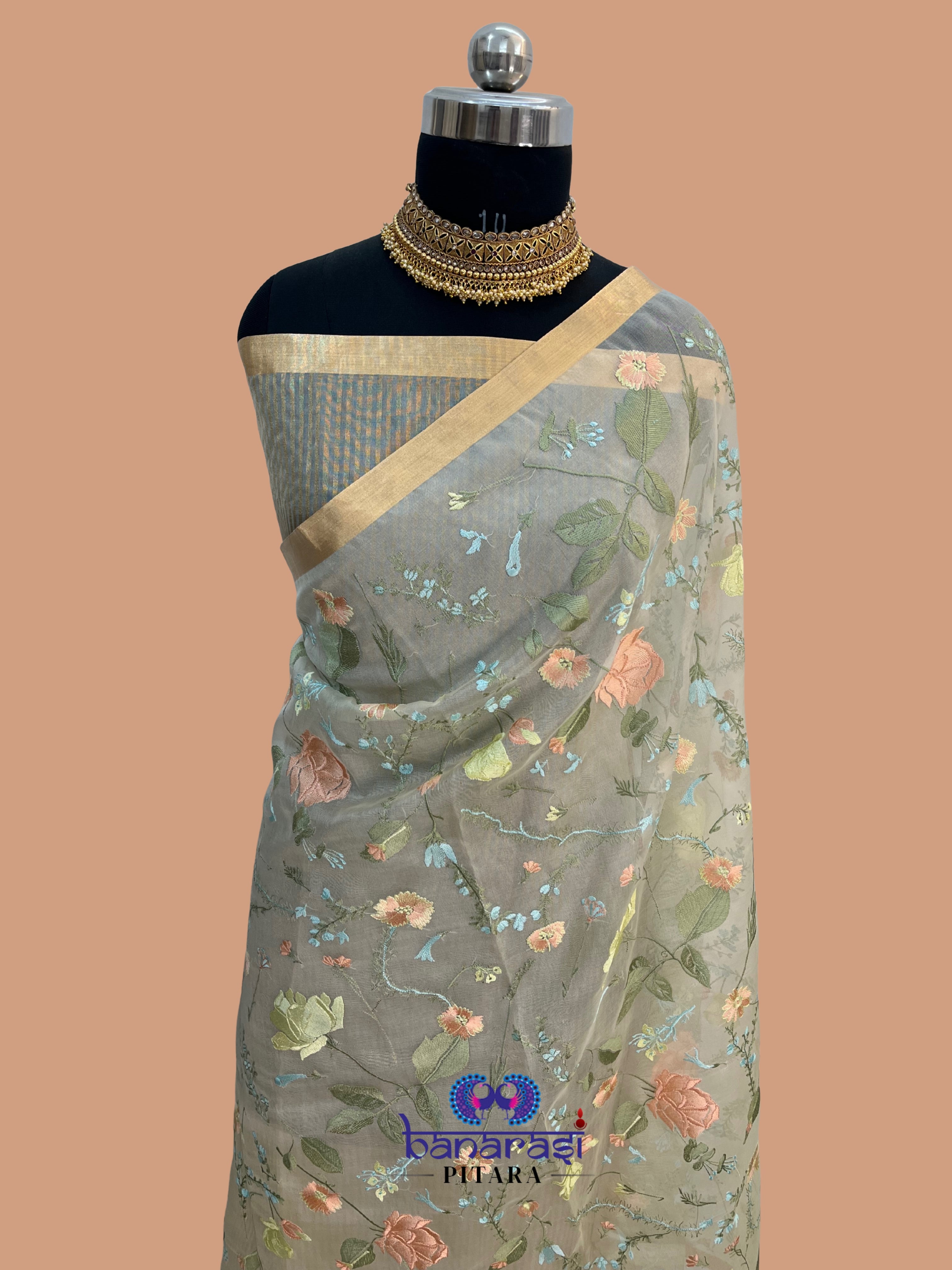 Pure Organza Chikankari Handloom Banarasi Saree