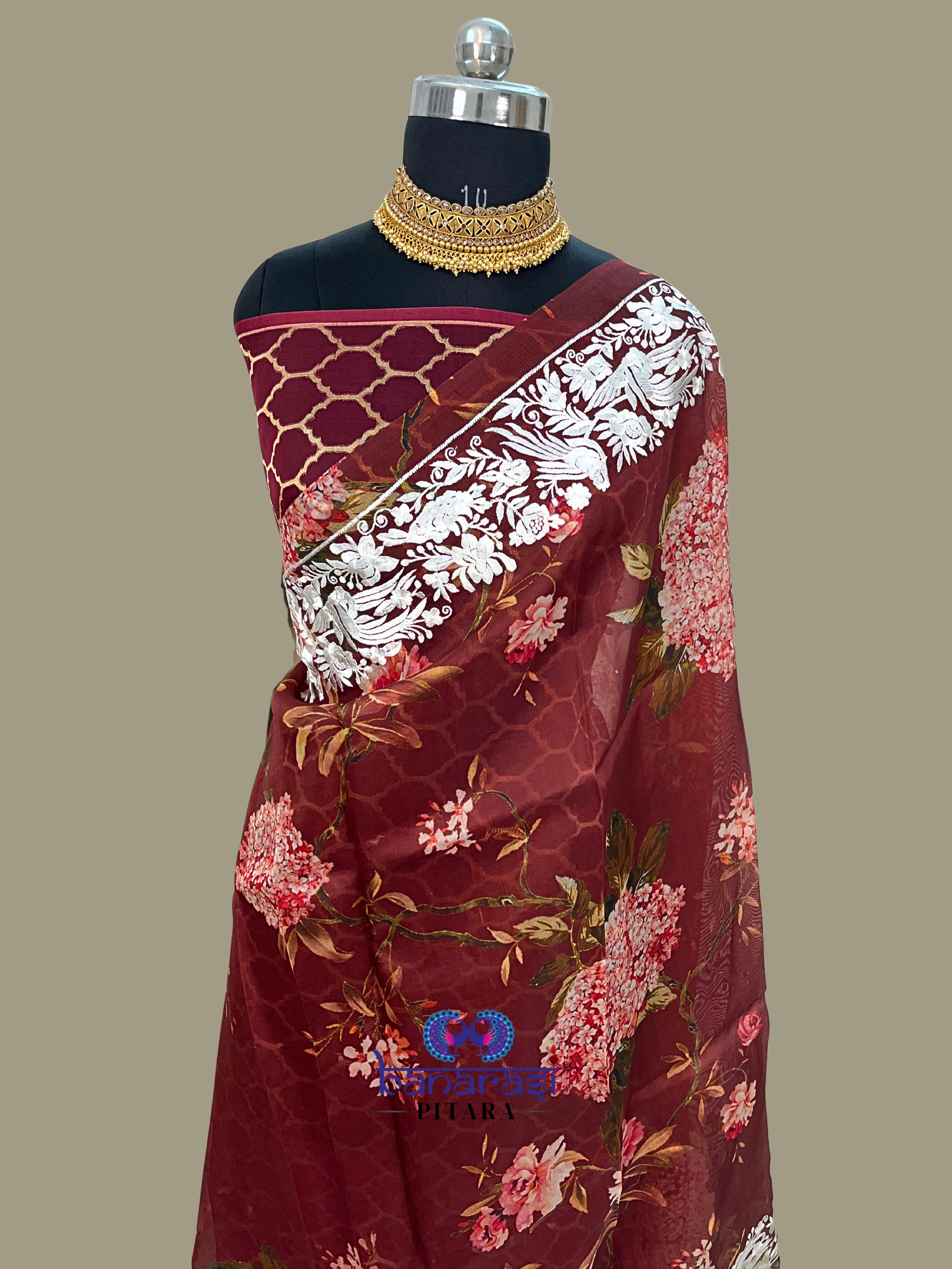 Pure Kora Embroidery with Digital Print Banarasi Saree