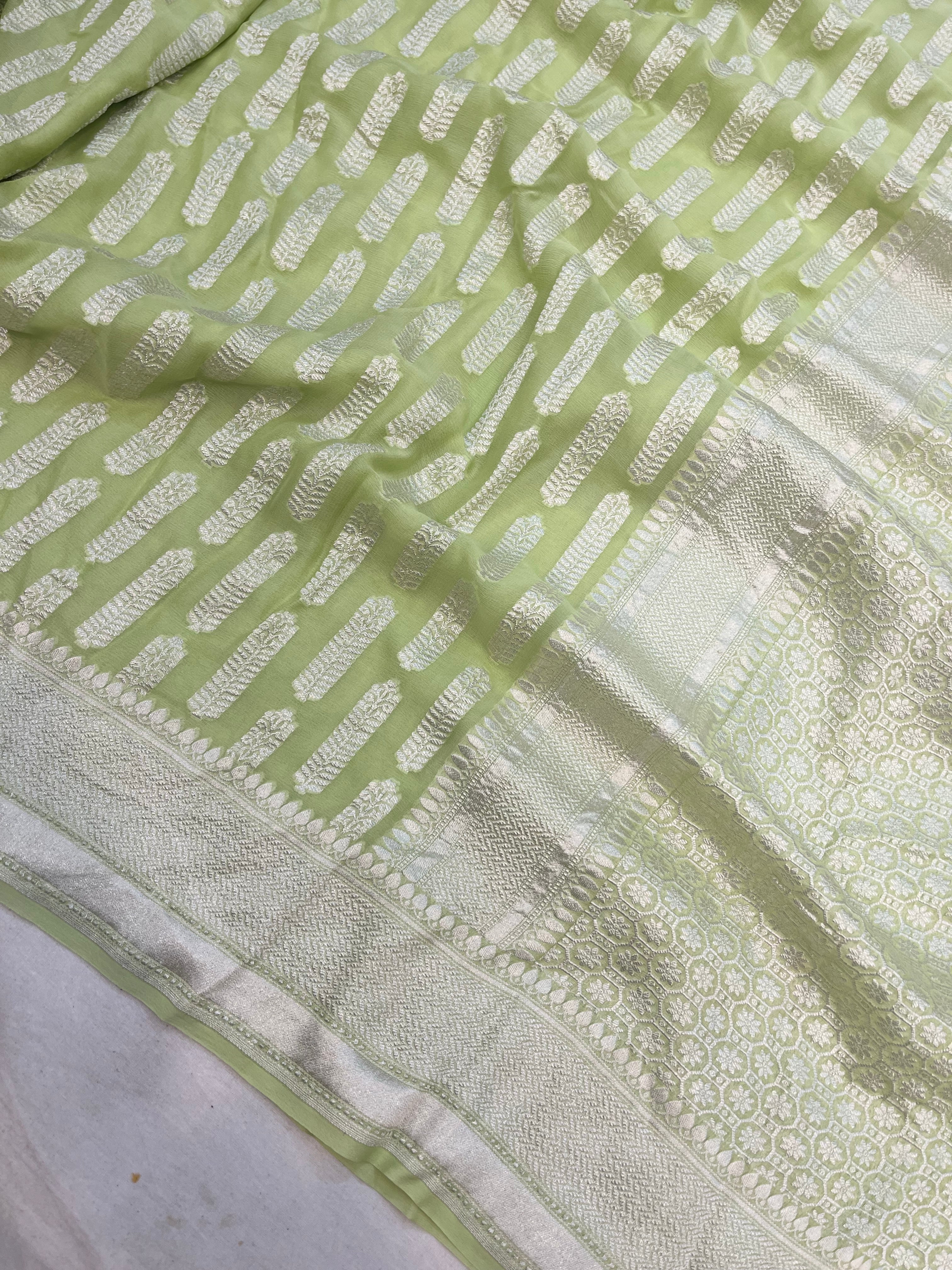 Pista Color Pure Chiffon Banarasi Saree