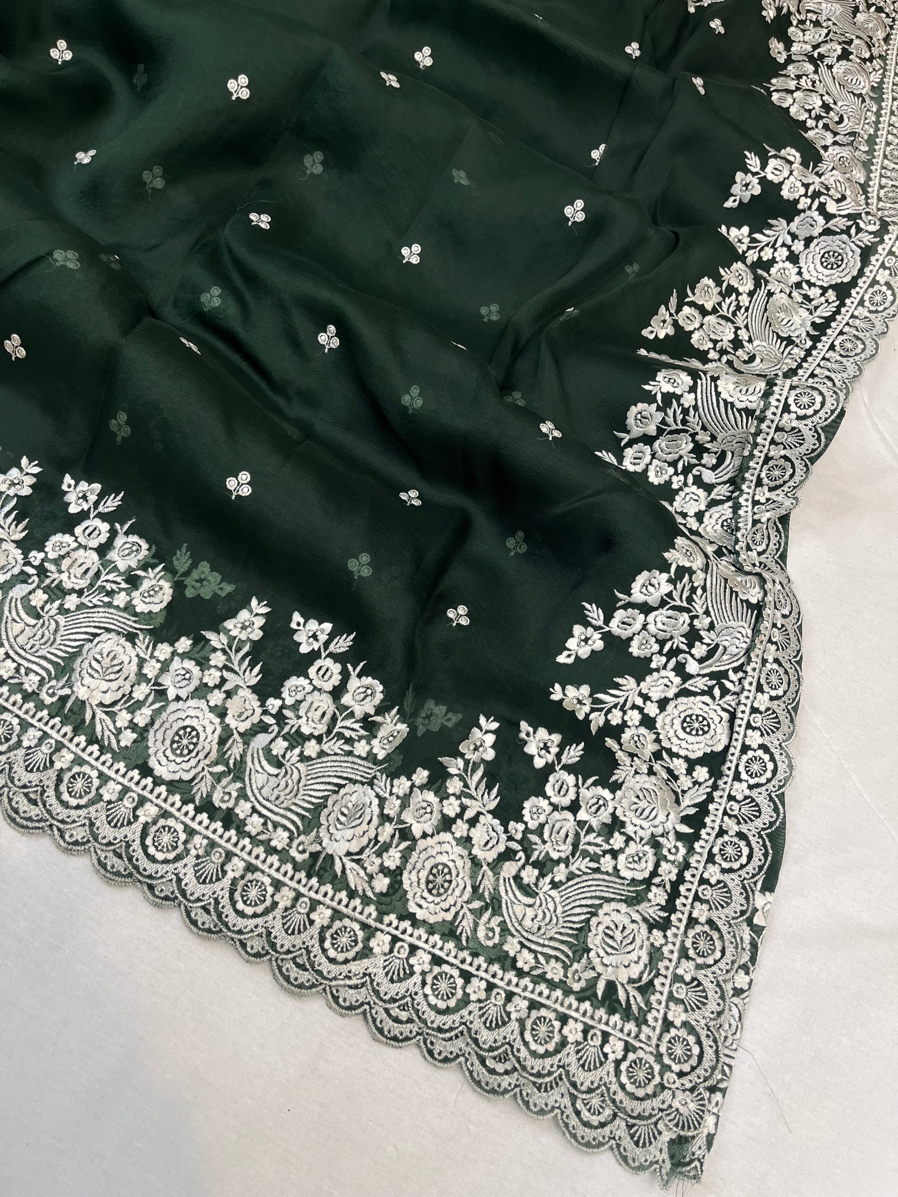 Pure Kora Embroidery Banarasi Saree