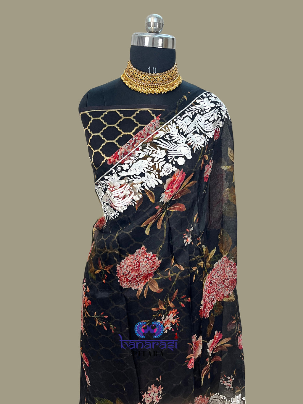 Pure Kora Embroidery with Digital Print Banarasi Saree