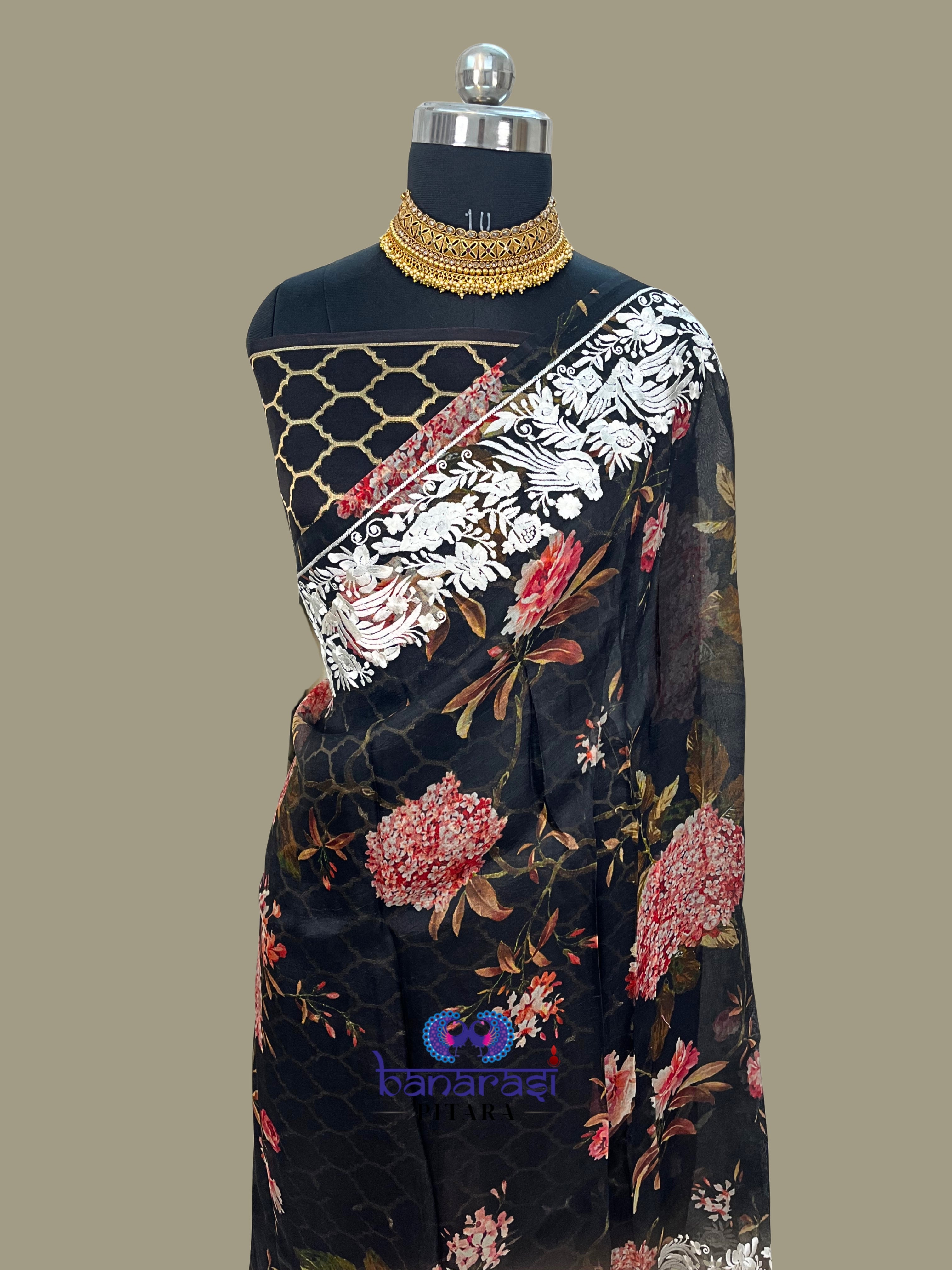 Pure Kora Embroidery with Digital Print Banarasi Saree